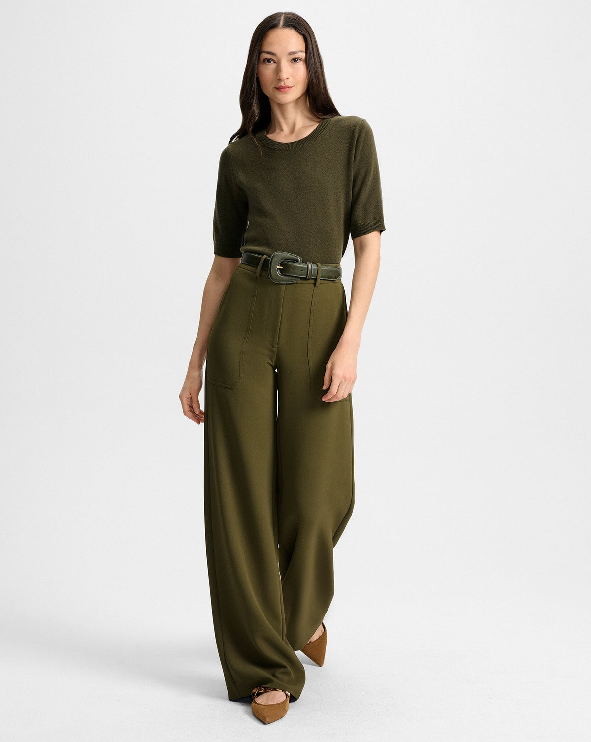 Elsy Leather-Buckle Belt in Khaki - Veronica Beard Quality