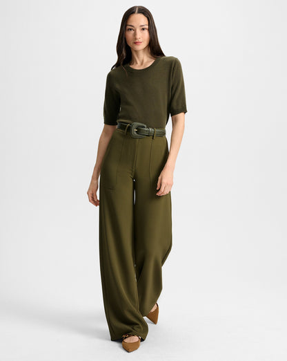 Elsy Leather-Buckle Belt in Khaki - Veronica Beard Quality