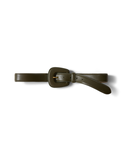 Elsy Leather-Buckle Belt in Khaki - Veronica Beard Quality