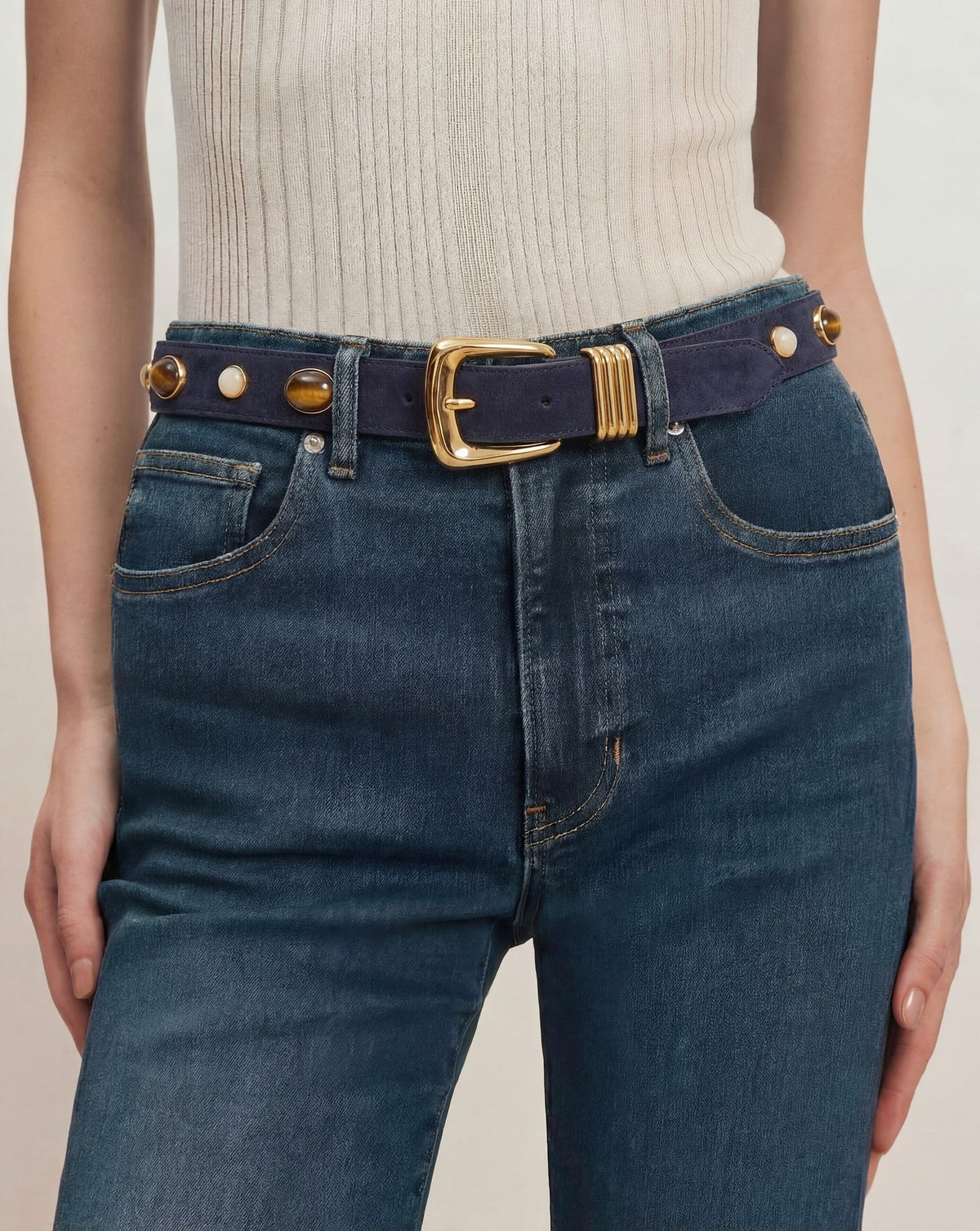 Arch Embellished Suede Belt in Navy - Veronica Beard Discount