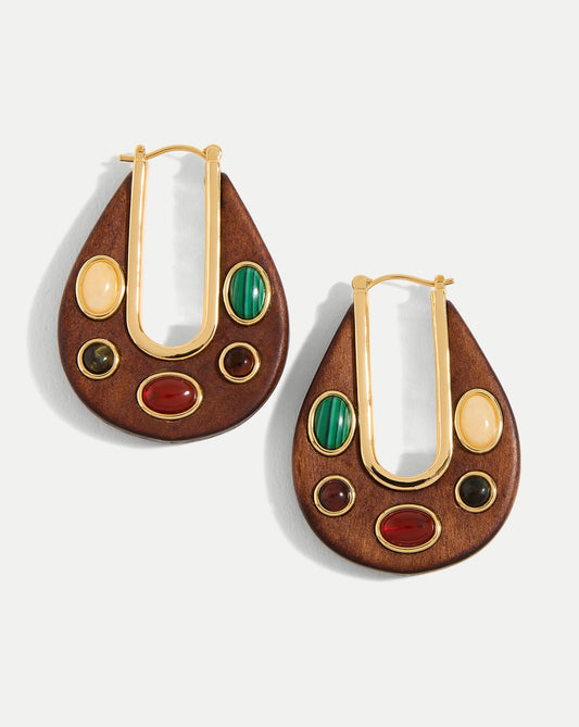 Wood Embellished Drop Hoop in Brown Multi - Veronica Beard Classic