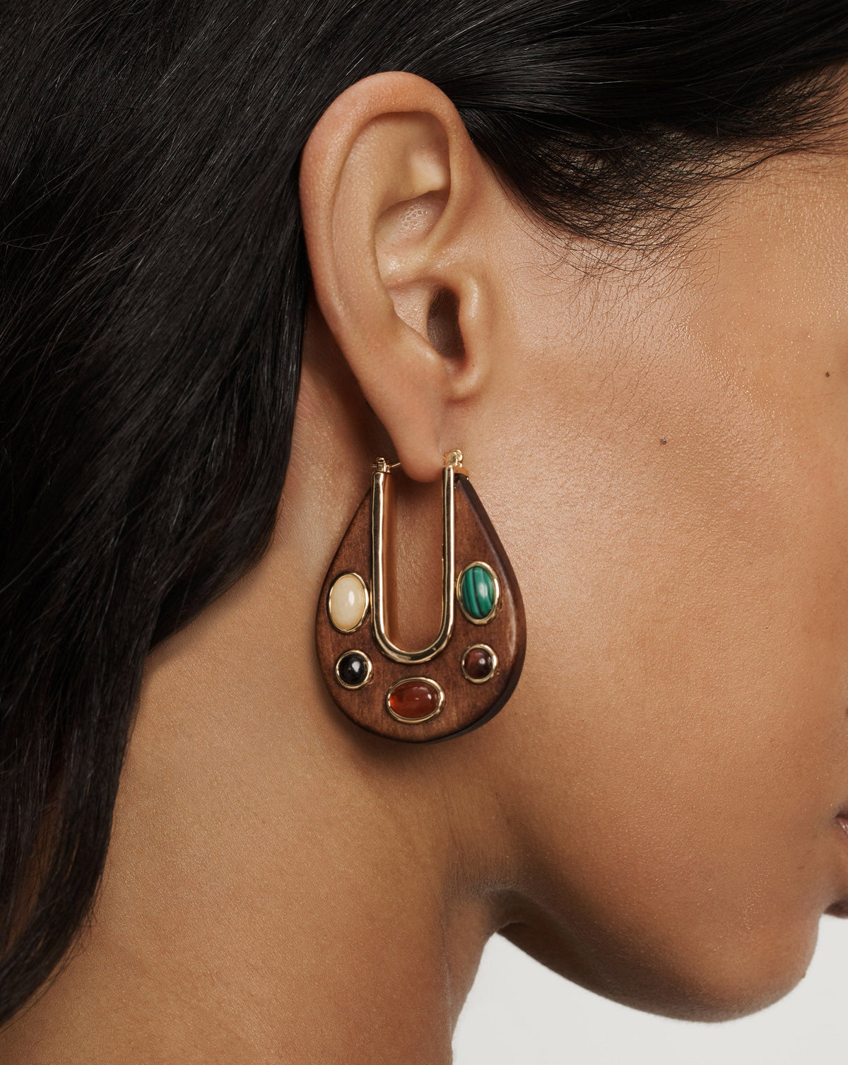 Wood Embellished Drop Hoop in Brown Multi - Veronica Beard Classic