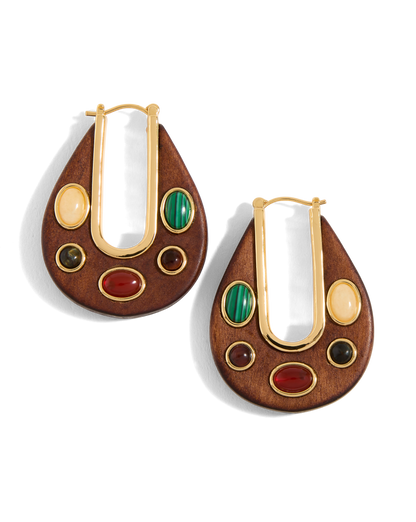 Wood Embellished Drop Hoop in Brown Multi - Veronica Beard Classic