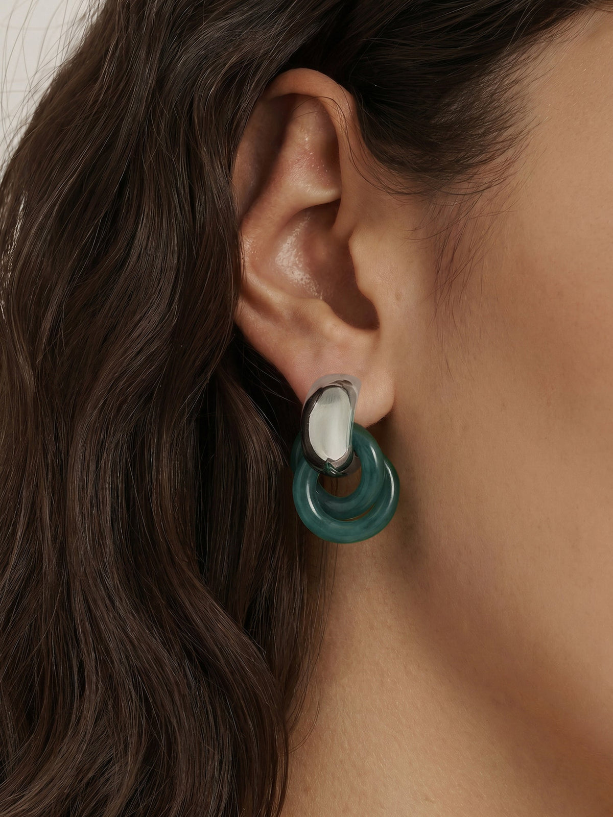 Resin Link Drop Hoop Earring in Green/Silver - Veronica Beard New