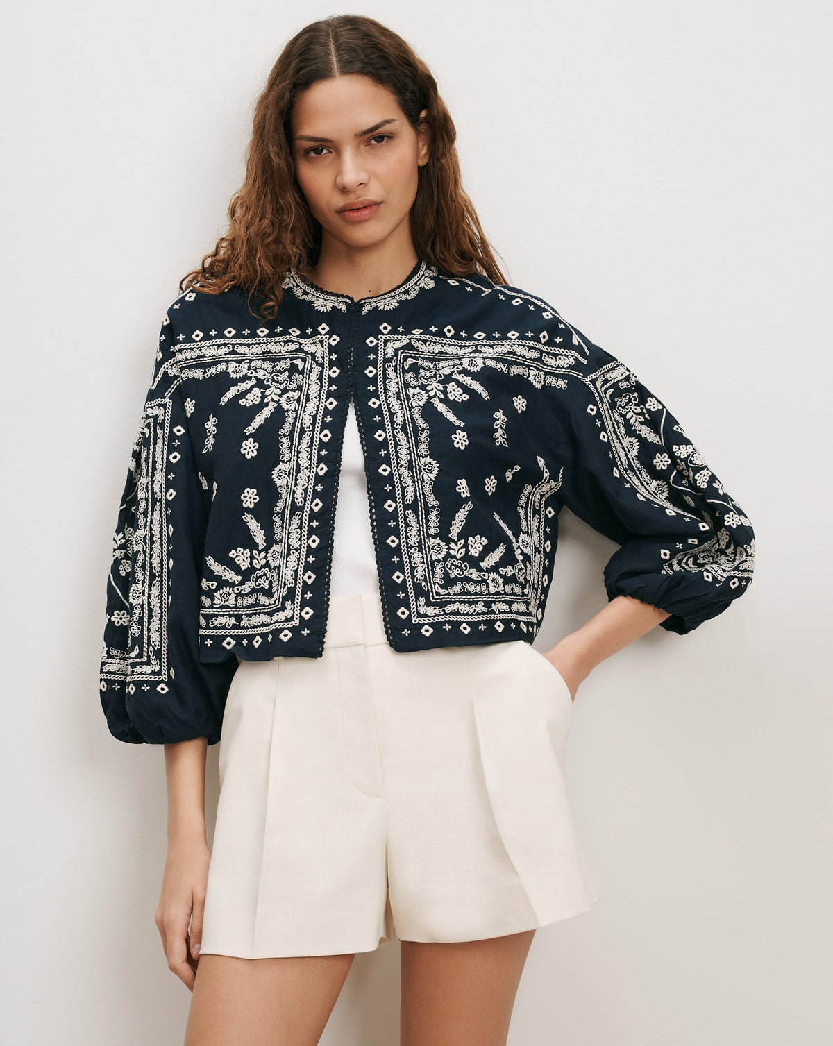 Drake Embroidered Jacket in Navy - Veronica Beard Essential
