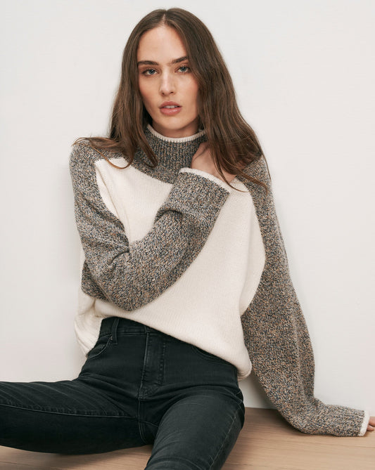 Malachi Mock-Neck Sweater in White & Grey Raglan Oatmeal Melange Multi - Veronica Beard Classic