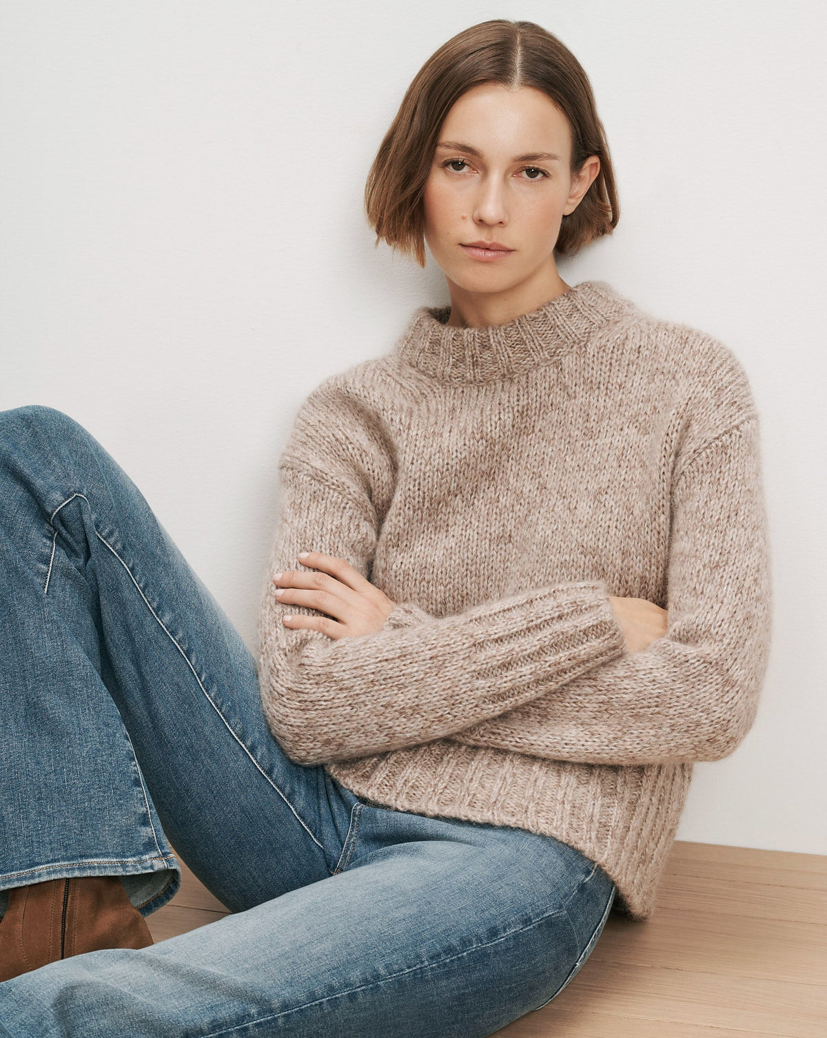 Andi Mock-Neck Sweater in Marled Oatmeal Mohair - Veronica Beard Classic
