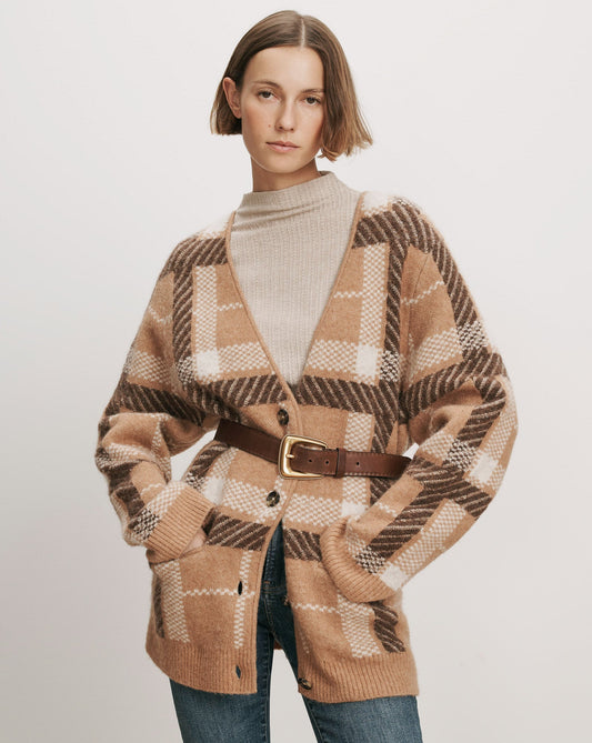 Covey Plaid Cardigan in Camel Multi - Veronica Beard Customer Favorite