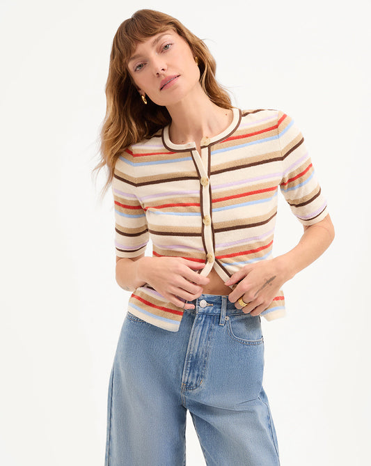 Brendan Striped Short-Sleeve Cardigan in Stone Khaki Multi - Veronica Beard Special Offer